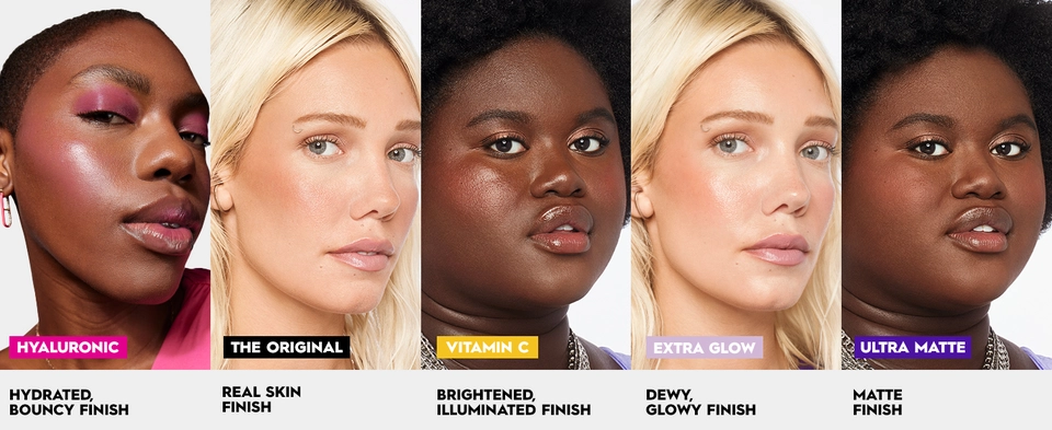 5 models wearing different setting sprays and shows all 5 different finishes.