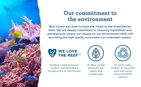 Image of coral reef. Our commitment to the environment: Blue Lizard was born in Australia, home to the Great Barrier Reef. We are deeply committed to choosing ingredients and packaging to reduce our impact on our environment while still providing the high quality sunscreens our customers expect. We Love the Reef (TM): No Blue Lizard products contain reef-damaging Oxybenzone or Octinoxate. All Blue Lizard products are vegan and cruelty-free. All lotion tubes contain at least 35% post-consumer recycled (PCR) content.